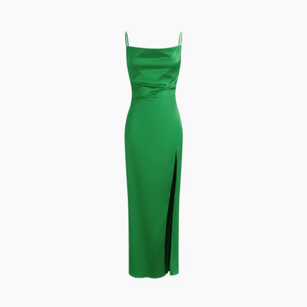 New with Tags Commense Boat neck ruched satin long dress Medium